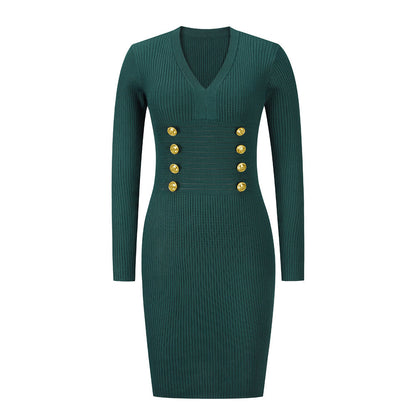 YESFASHION V-neck Double Breasted Knit Sweaters Dress