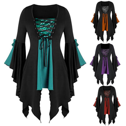 YESFASHION Halloween Witch Top Irregular Lace Sequin Statement Tops