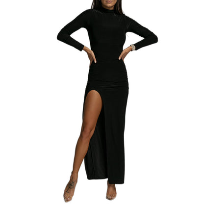 YESFASHION High-neck Long-sleeve Slit-sleeve Dress