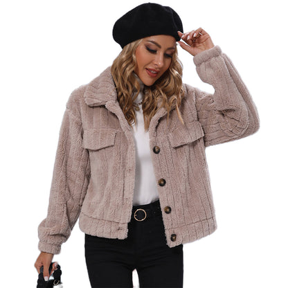YESFASHION Women Coats Lapel Loose Face Fleece Casual Jacket