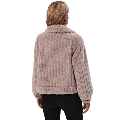 YESFASHION Women Coats Lapel Loose Face Fleece Casual Jacket