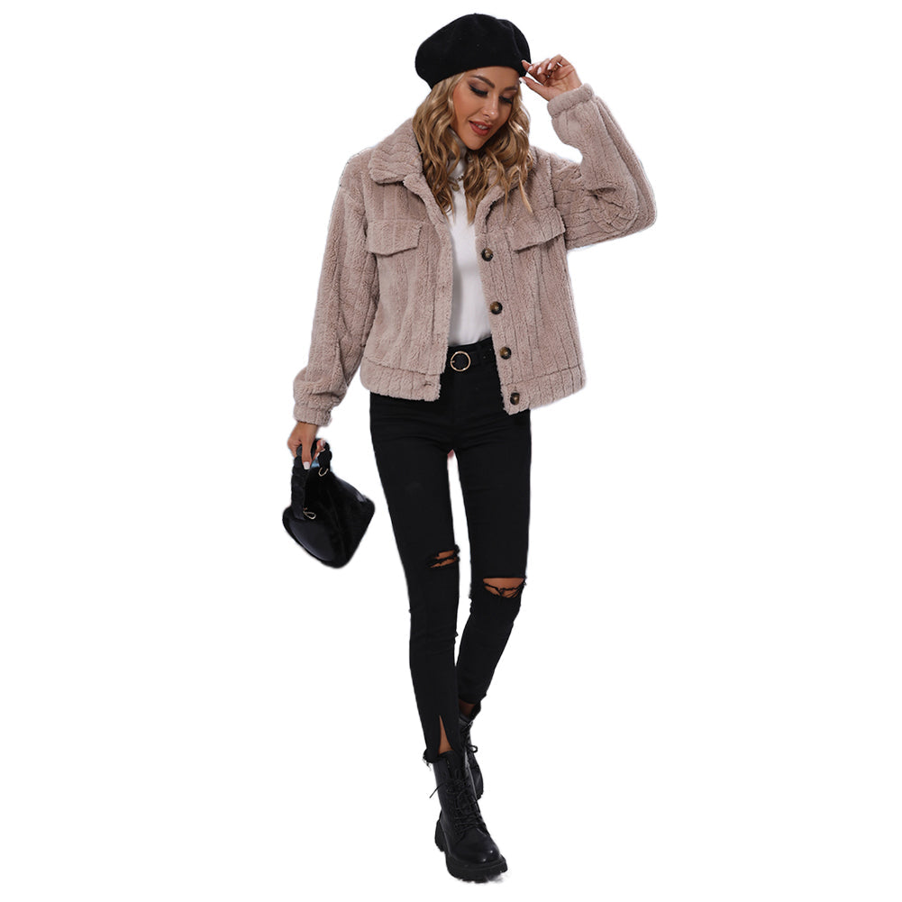 YESFASHION Women Coats Lapel Loose Face Fleece Casual Jacket