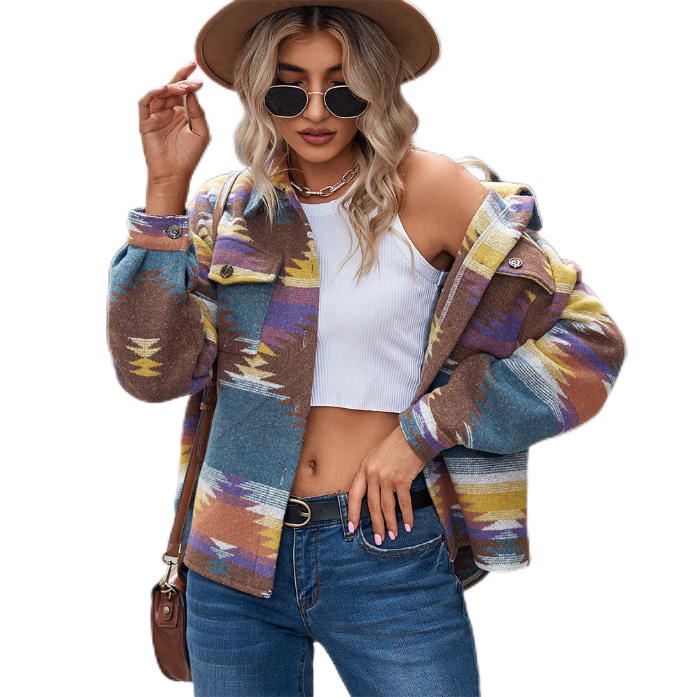 YESFASHION Cropped Loose Lapel Pocket Button Women Woolen Coats