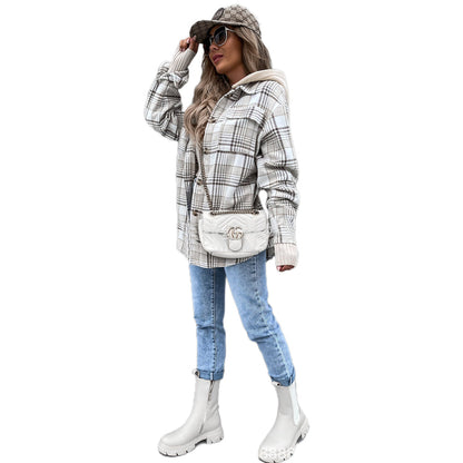 YESFASHION Women Jacket Fashion Hooded Wool Plaid Coats
