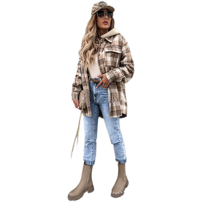 YESFASHION Women Jacket Fashion Hooded Wool Plaid Coats