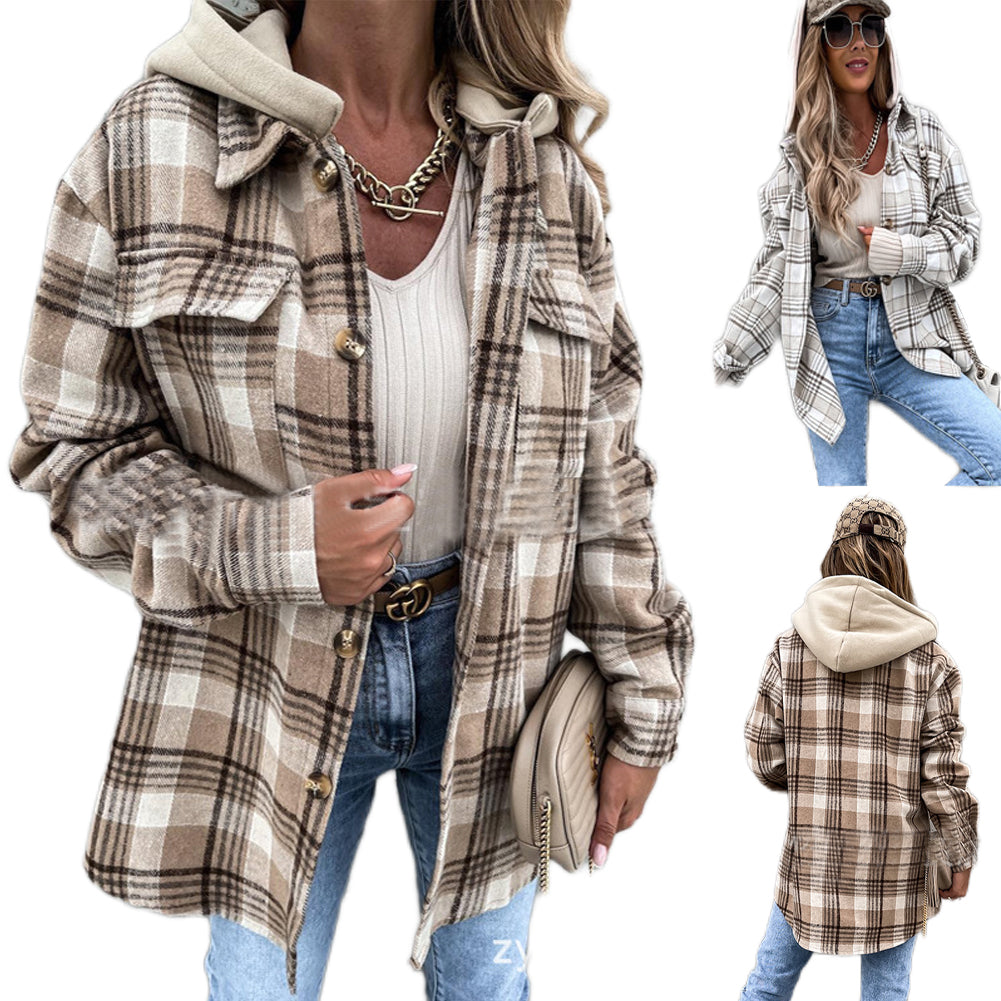 YESFASHION Women Jacket Fashion Hooded Wool Plaid Coats