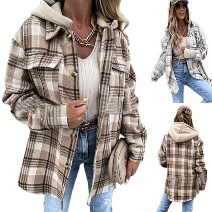 YESFASHION Women Jacket Fashion Hooded Wool Plaid Coats