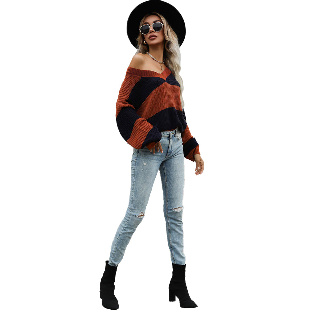 YESFASHION Women Fall Long Sleeve Colorblock Loose V-neck Sweaters
