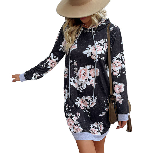 YESFASHION Loose Printed Long-sleeved Hooded Sweater Dress
