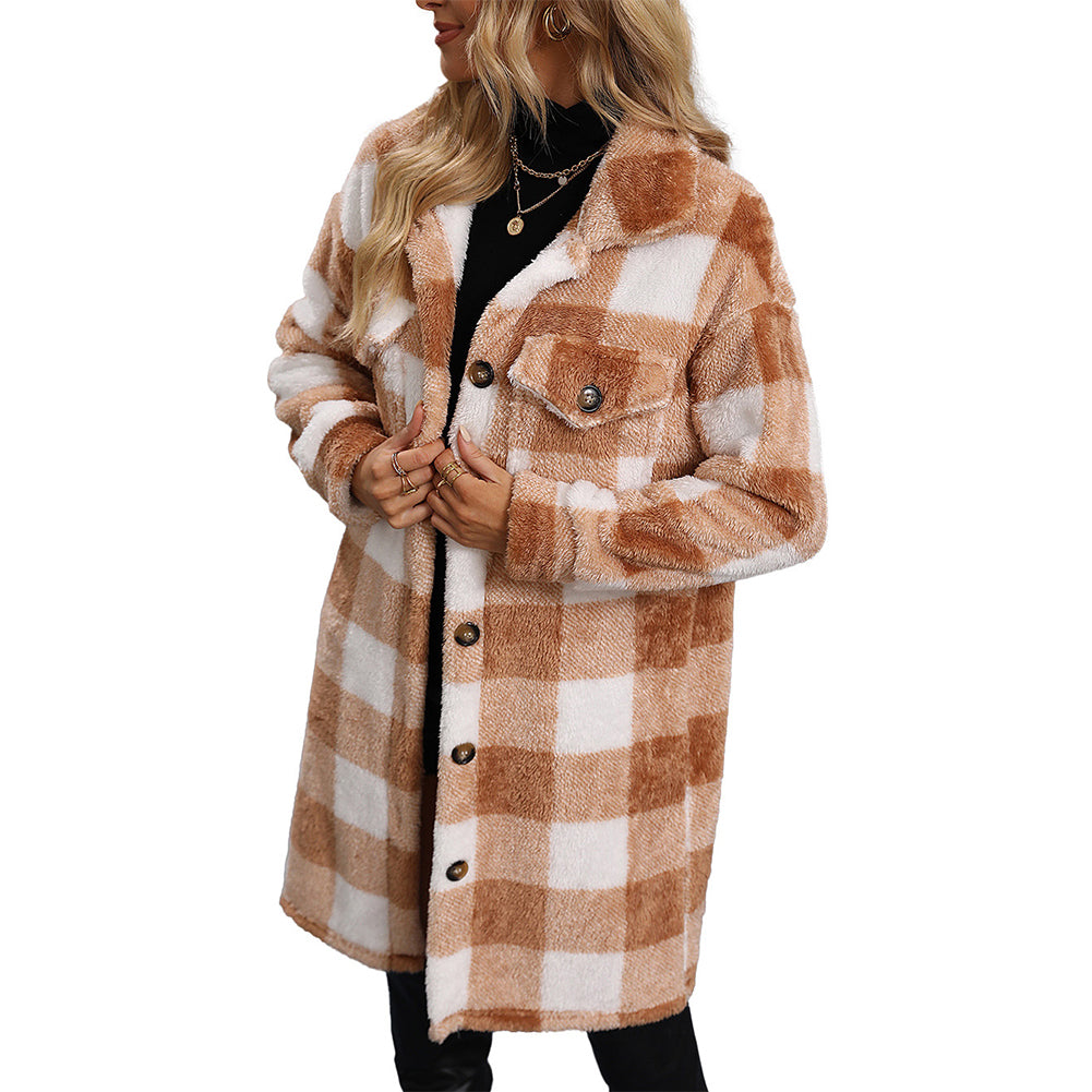 YESFASHION Slouchy Mid-length Two-pocket Plaid Insulated Coats