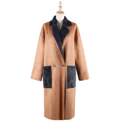 YESFASHION Fall Winter New Lapel Solid Suede Coat Long Coats