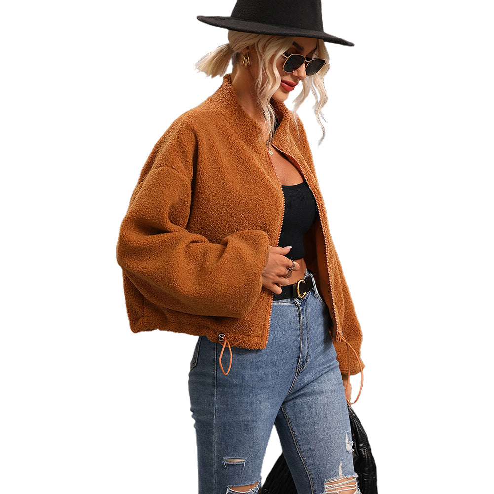 YESFASHION Women Fashion Short Coats Zip Solid Fleece Jacket