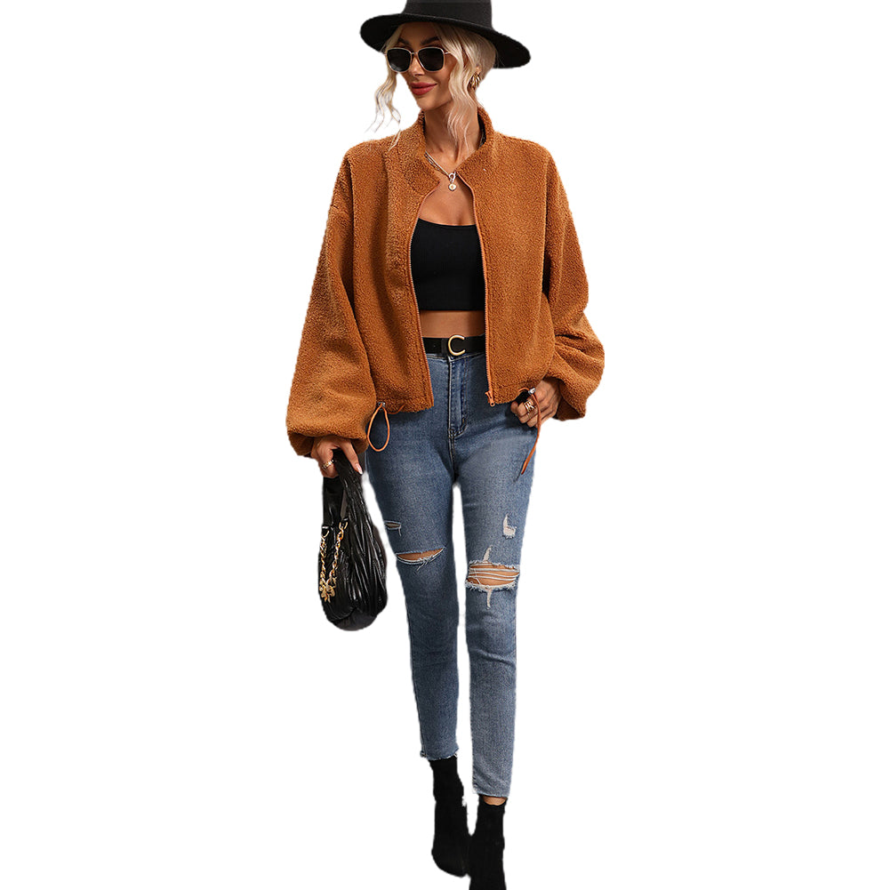 YESFASHION Women Fashion Short Coats Zip Solid Fleece Jacket