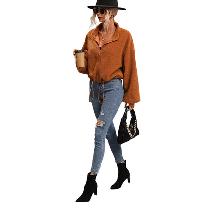 YESFASHION Women Fashion Short Coats Zip Solid Fleece Jacket