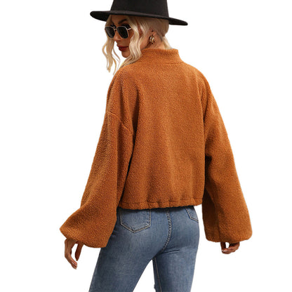 YESFASHION Women Fashion Short Coats Zip Solid Fleece Jacket