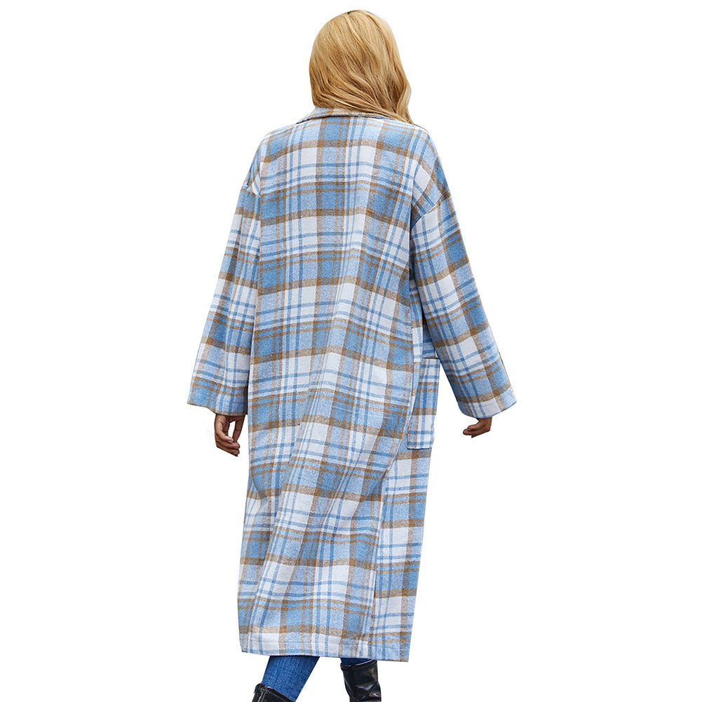 YESFASHION Women Oversized Blue And White Plaid Wool Coats