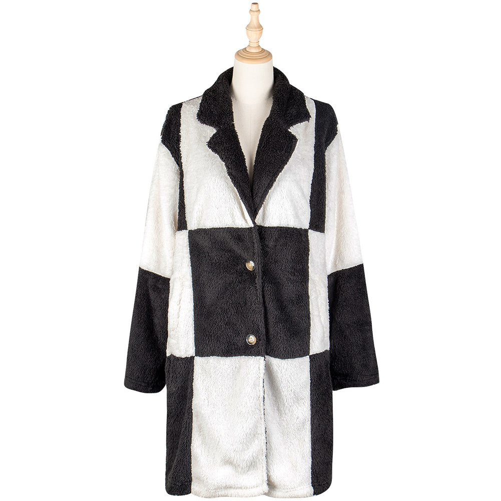 YESFASHION Women Mid Length Plaid Women Plush Coats