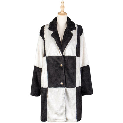 YESFASHION Women Mid Length Plaid Women Plush Coats