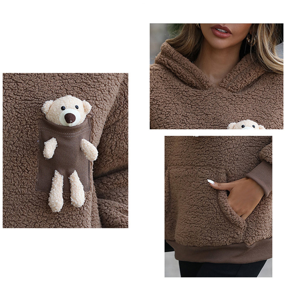 YESFASHION Bear Pocket Brown Fleece Hooded Sherpa Sweatshirts