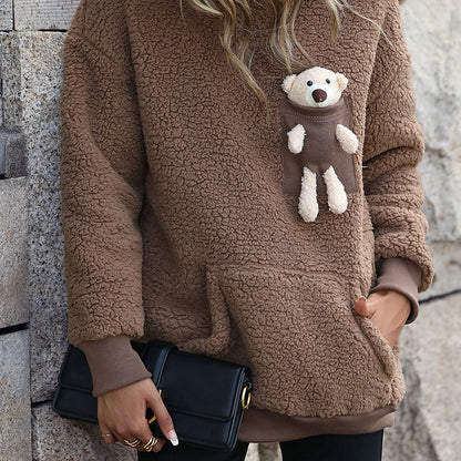 YESFASHION Bear Pocket Brown Fleece Hooded Sherpa Sweatshirts