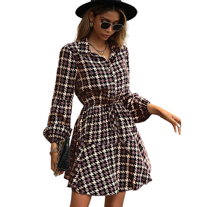 YESFASHION Autumn Winter Popular Women Long-sleeved Plaid Dress