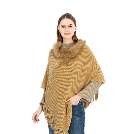 YESFASHION Winter Warm Chenille Collar Cape Women Knitted Shawl