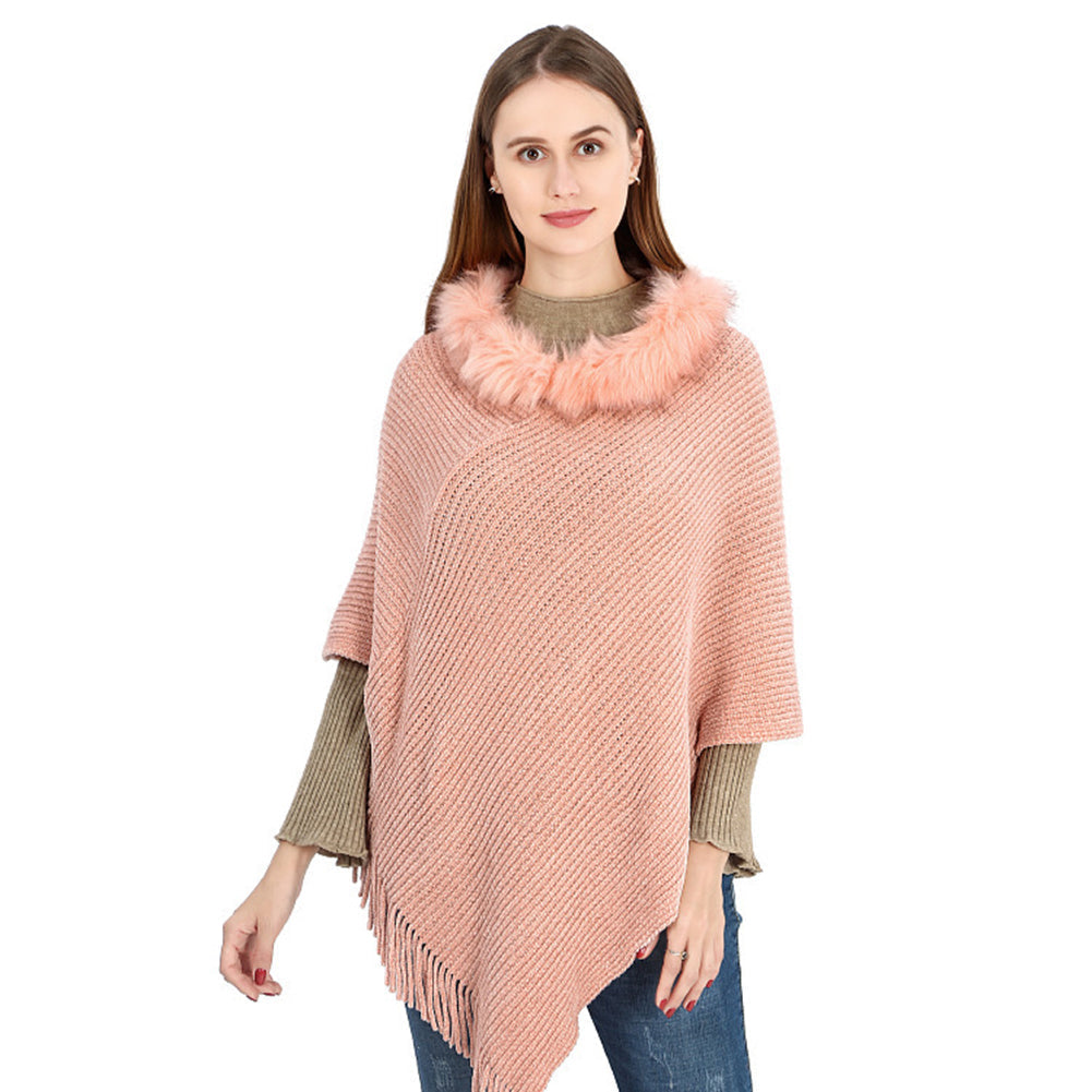 YESFASHION Winter Warm Chenille Collar Cape Women Knitted Shawl
