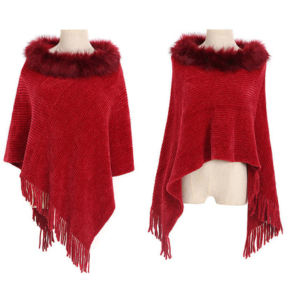 YESFASHION Winter Warm Chenille Collar Cape Women Knitted Shawl