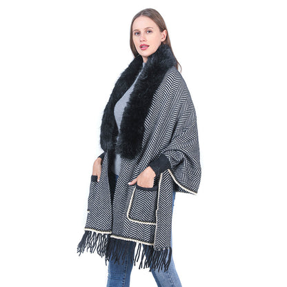 YESFASHION Collar Striped Pocket Cape Mink Fringed Knitted Sweaters