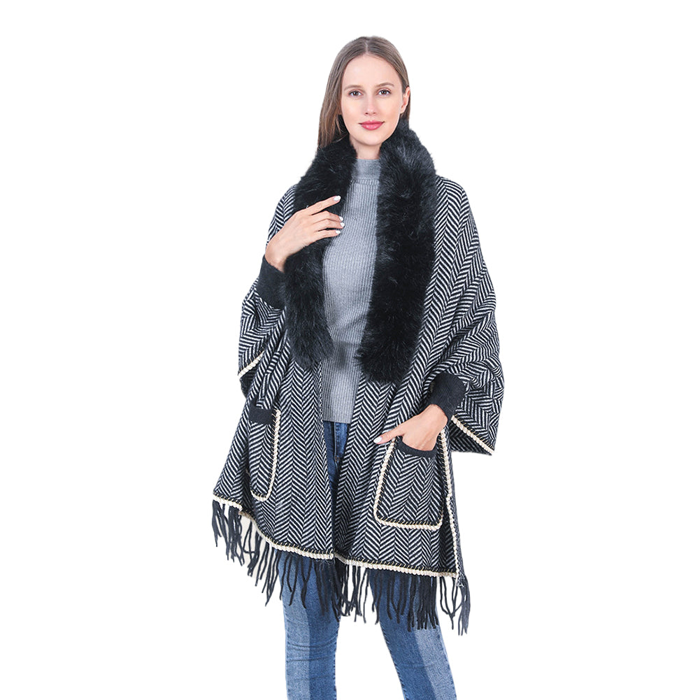 YESFASHION Collar Striped Pocket Cape Mink Fringed Knitted Sweaters