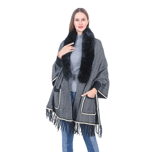 YESFASHION Collar Striped Pocket Cape Mink Fringed Knitted Sweaters