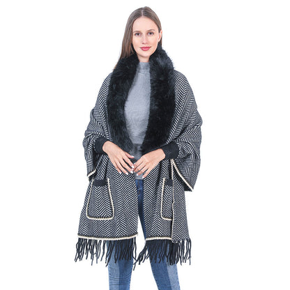 YESFASHION Collar Striped Pocket Cape Mink Fringed Knitted Sweaters