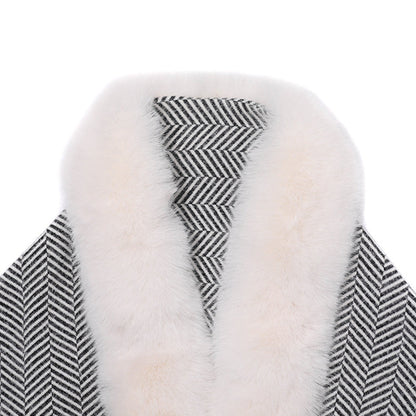 YESFASHION Collar Striped Pocket Cape Mink Fringed Knitted Sweaters