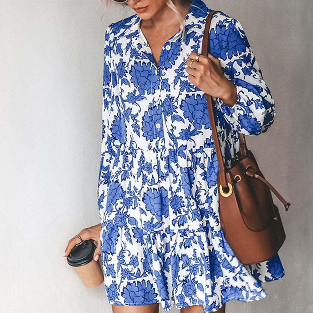 YESFASHION Style Printed Skirt Elegant Floral Waist Lantern Dress