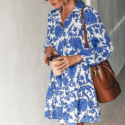 YESFASHION Style Printed Skirt Elegant Floral Waist Lantern Dress