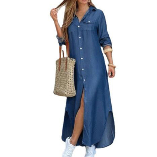 YESFASHION Women Fashion Blue Denim Long Shirt Dress