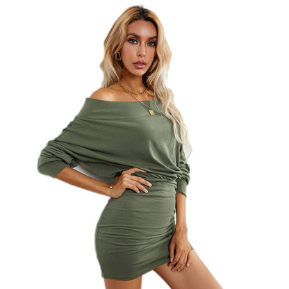 YESFASHION Cover Hip Off Shoulder Raglan Sleeve High Waist Skirt Dress