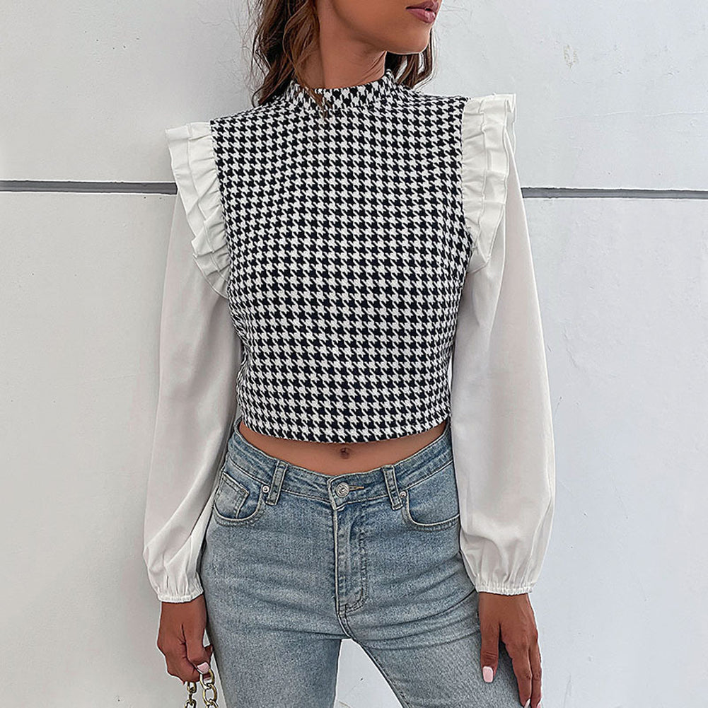 YESFASHION Half High Neck Ruffle Long Sleeve Houndstooth Tops