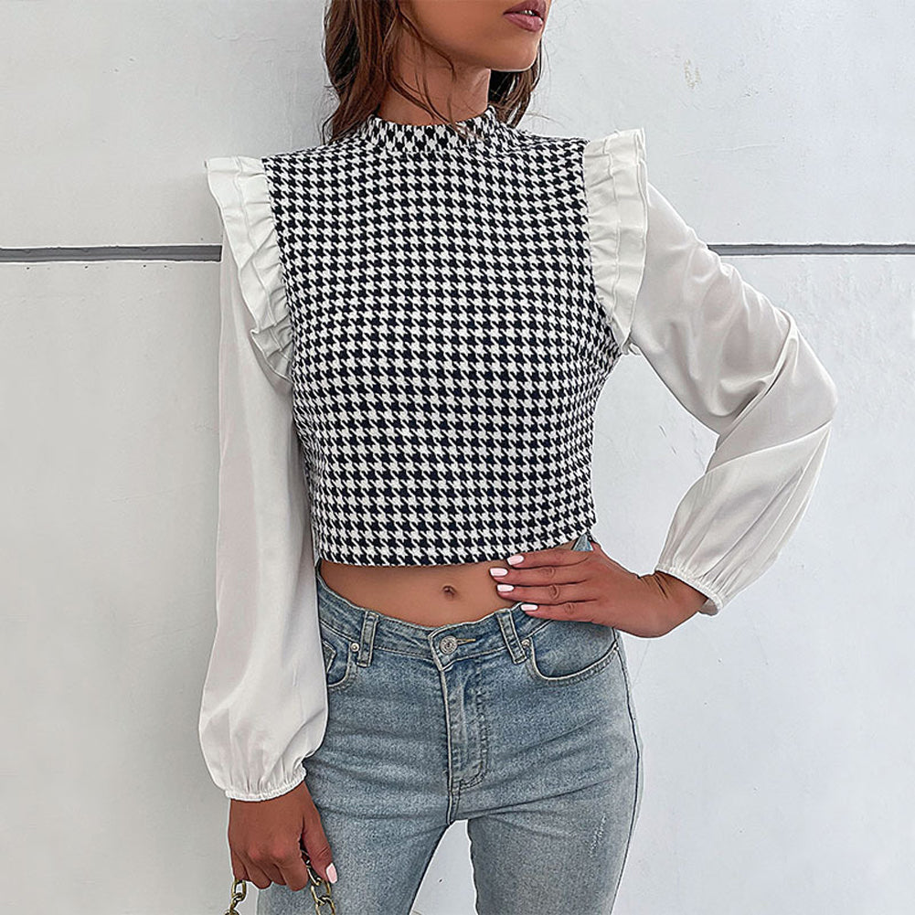 YESFASHION Half High Neck Ruffle Long Sleeve Houndstooth Tops