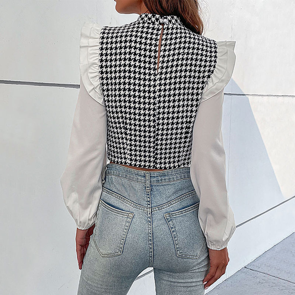 YESFASHION Half High Neck Ruffle Long Sleeve Houndstooth Tops