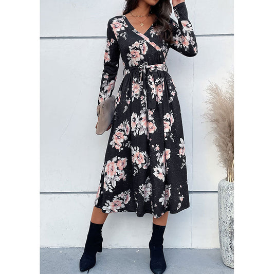 YESFASHION Spring V-neck Long-sleeved Printed Dress