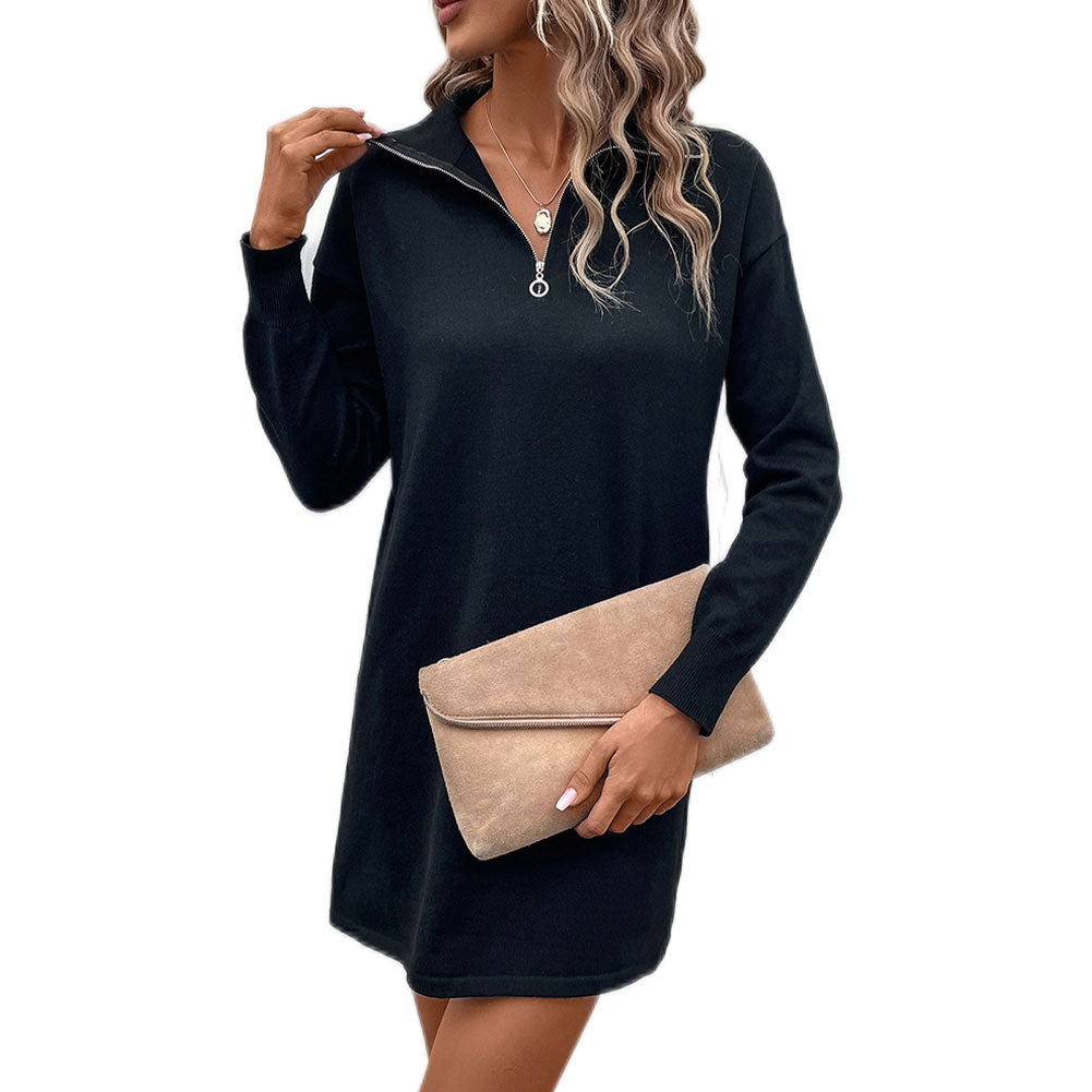 YESFASHION Long-sleeved Solid Color Lapel Zipper Sweater Dress