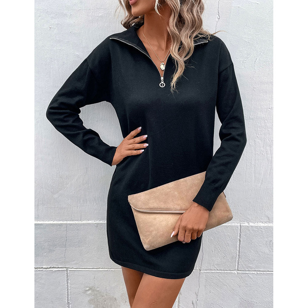 YESFASHION Long-sleeved Solid Color Lapel Zipper Sweater Dress