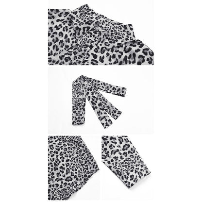 YESFASHION Women Leopard Print Lapel Shirt Long-sleeved Dress