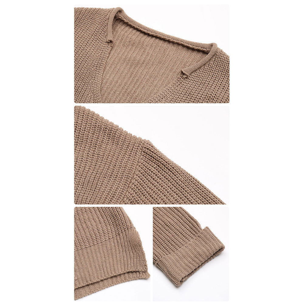 YESFASHION Women Long-sleeved Solid Color V-neck Sweaters