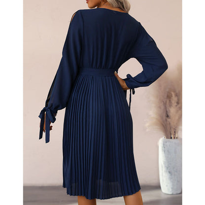 YESFASHION Women Hollow Long-sleeved Solid Color Spring Dress