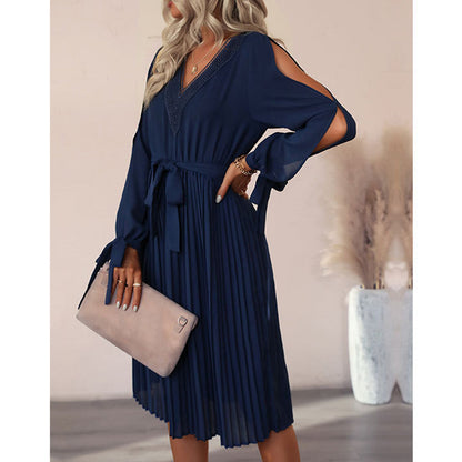 YESFASHION Women Hollow Long-sleeved Solid Color Spring Dress