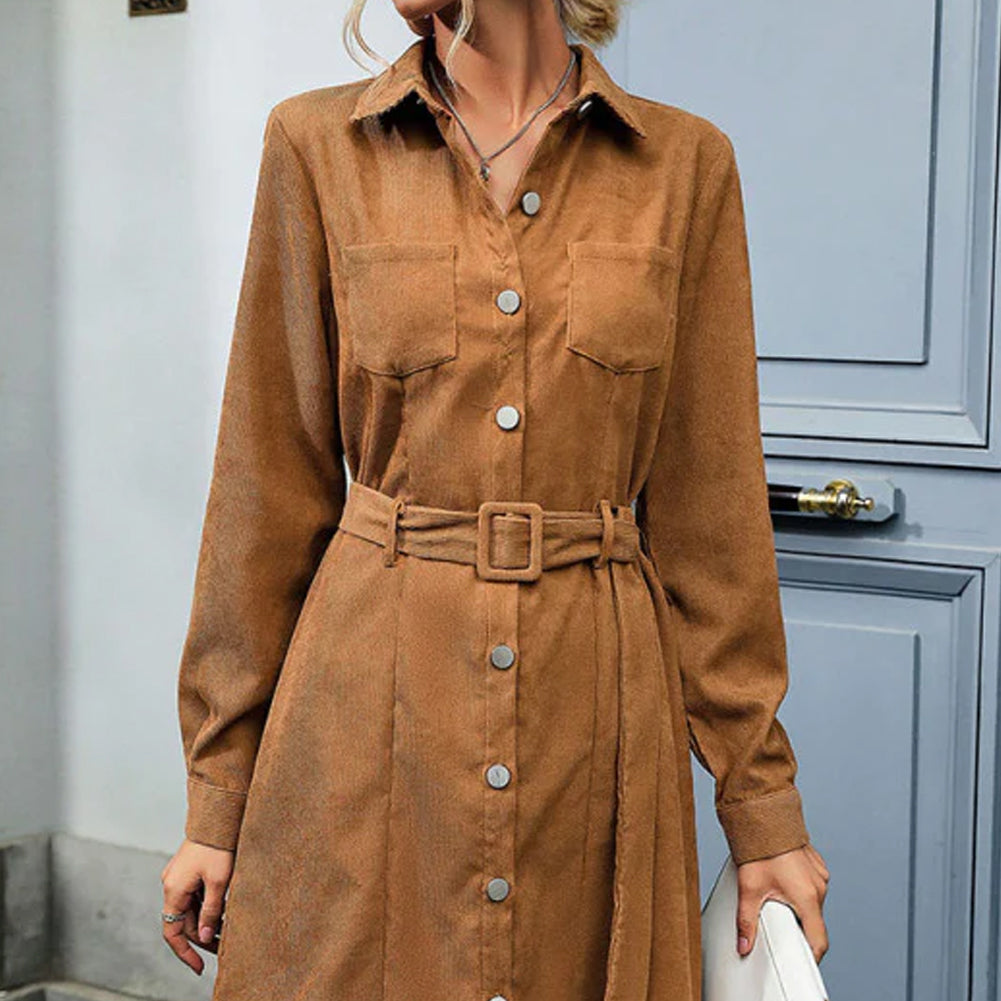 YESFASHION Shirt Style Lapel Long Sleeve Corduroy Dress