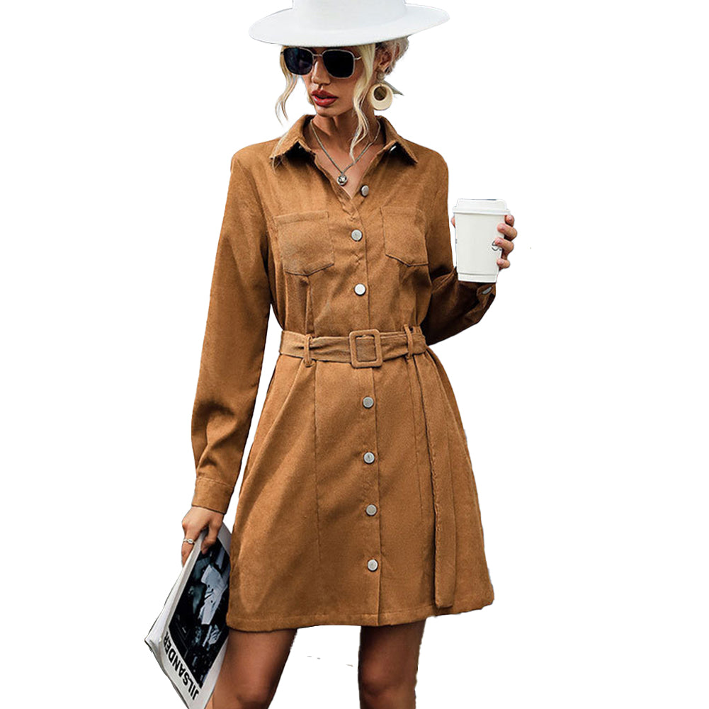 YESFASHION Shirt Style Lapel Long Sleeve Corduroy Dress