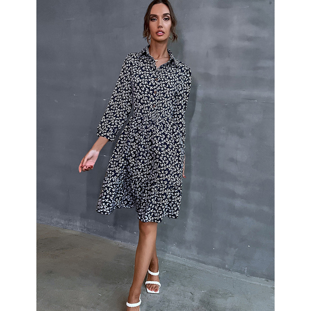 YESFASHION Fashion Women Shirt Lapel Long Sleeve Print Dress